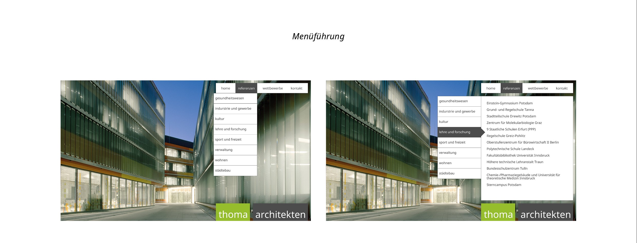 thoma architekten Website Re-Design Menüführung