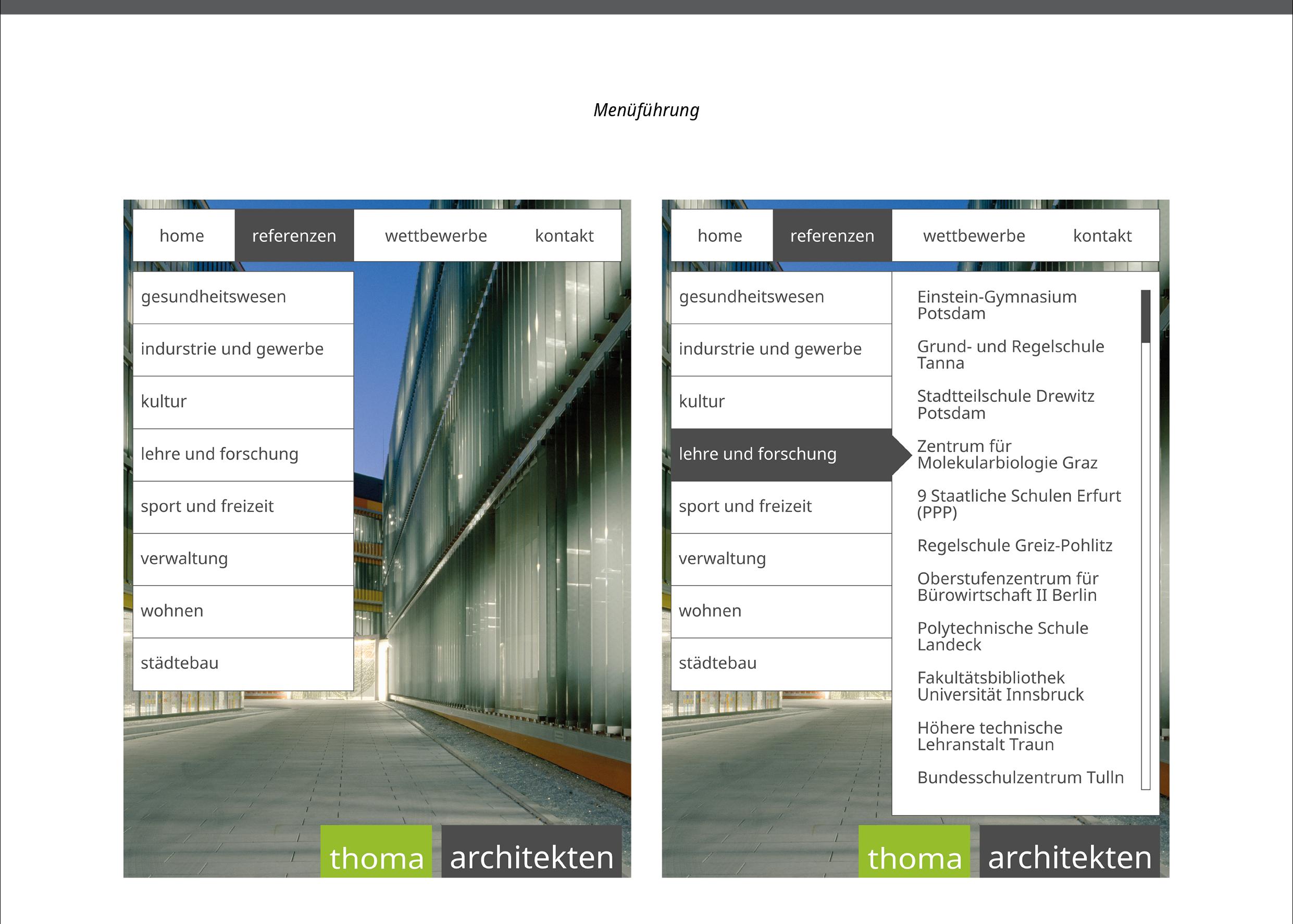 thoma architekten Website Re-Design Tablet Menüführung