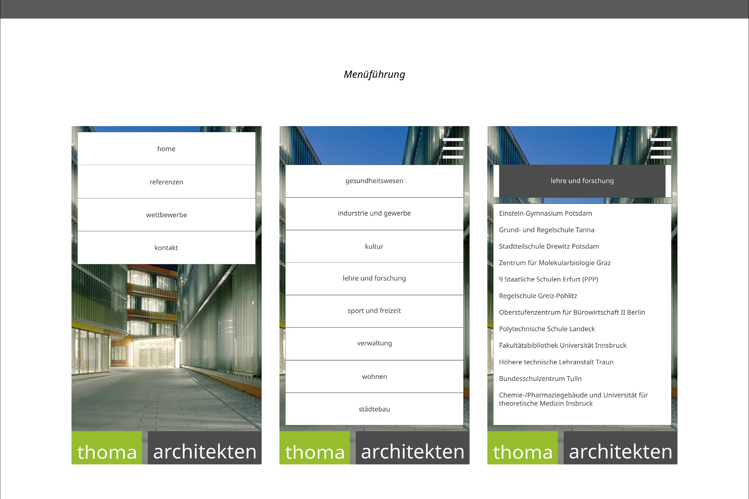 thoma architekten Website Re-Design Smartphone Menüführung